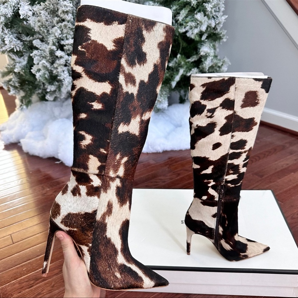 Steve Madden Nitro Brown Cow Print Real Fur Knee-High‎ Heeled Boots - Picture 2 of 12